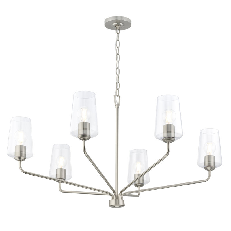 Lustre à trois lumières Celino avec verre transparent, Six lumières, H 21 po x l 40 po x P 40 po, Nickel brossé
