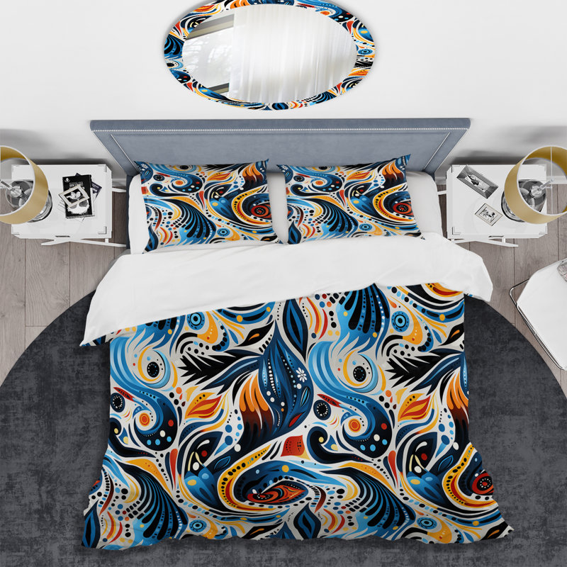 Ensemble de housse de couette abstrait bleu et orange Tribal Dreams I, Housse de couette pour grand lit et 2 taies décor