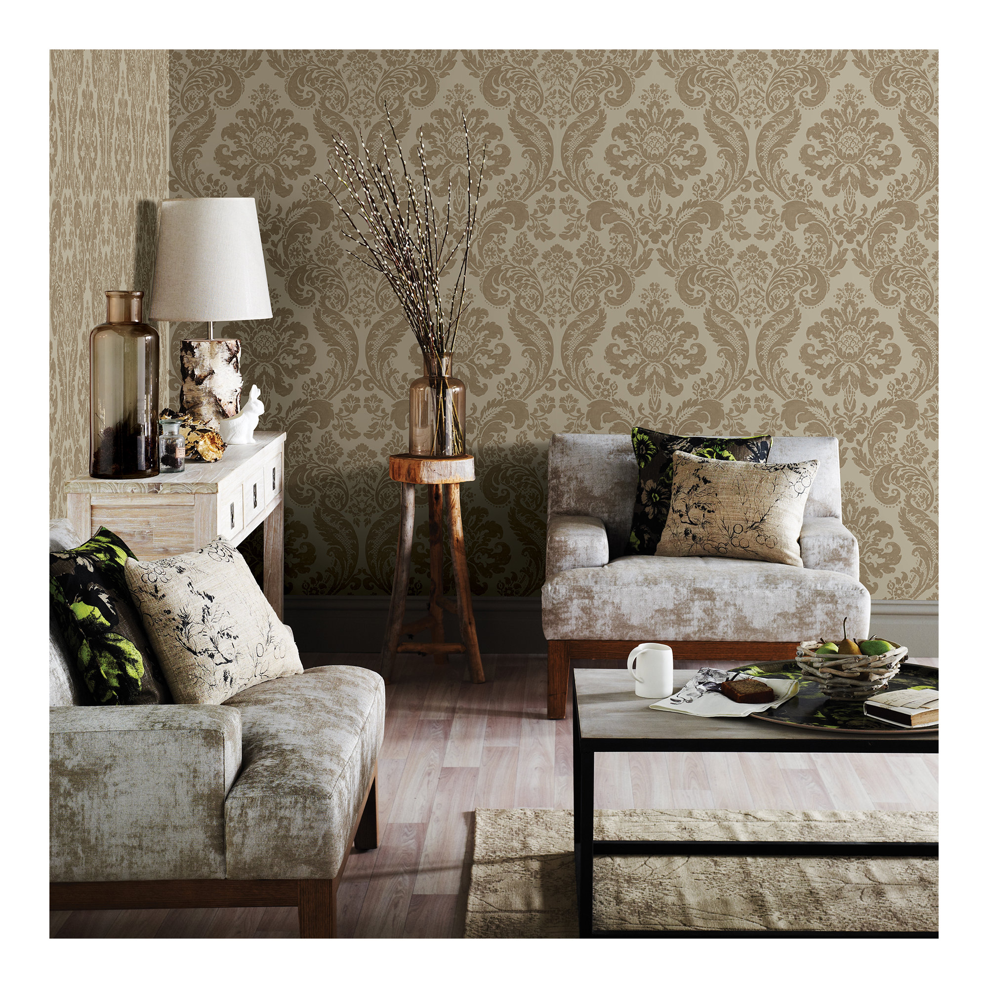 Melvin Damask Wallpaper, Khaki