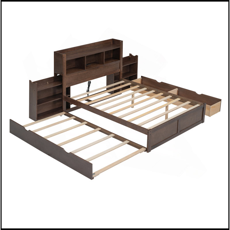 Lit plateforme pleine grandeur avec tablettes coulissantes, lit gigogne simple et 2 tiroirs, espresso