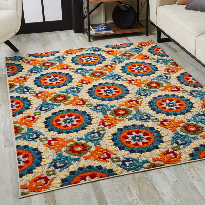 Tapis d'intérieur et d'extérieur marocain 2 pi x 4 pi résistant aux taches orange et ivoire