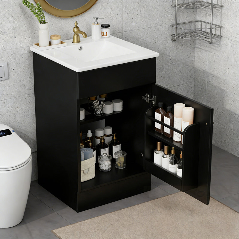 Meuble-lavabo de salle de bain avec lavabo, une porte et tablette réglable, Noir