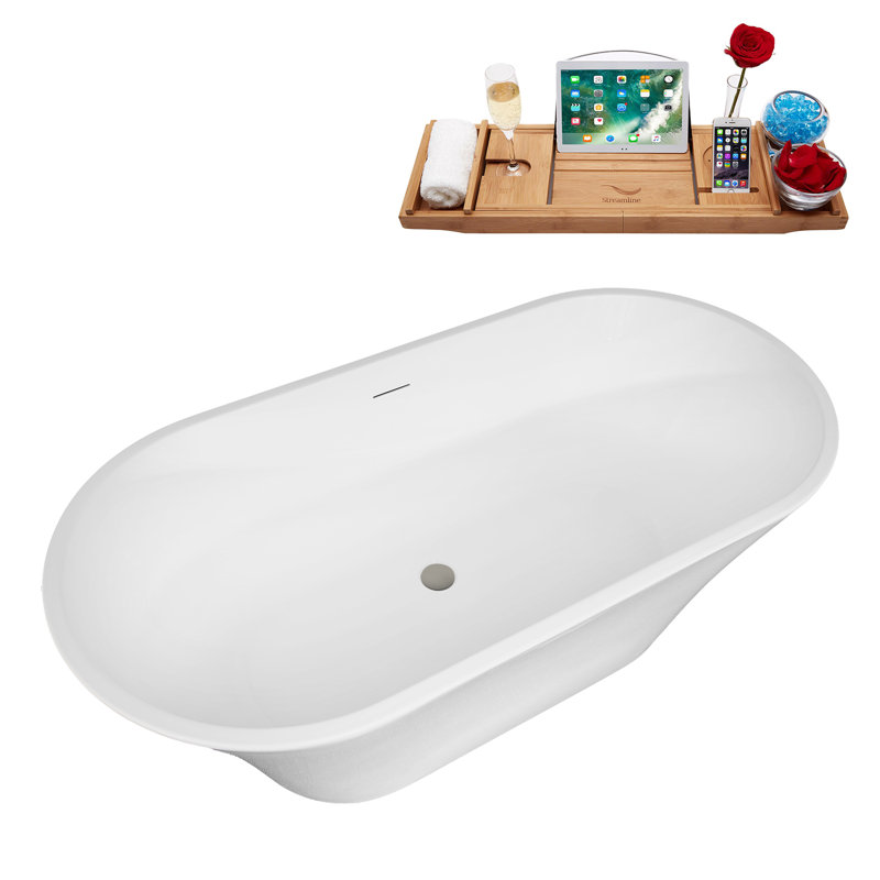59" Streamline Soaking Freestanding Tub and Tray With Internal Drain, Brushed GunMetal