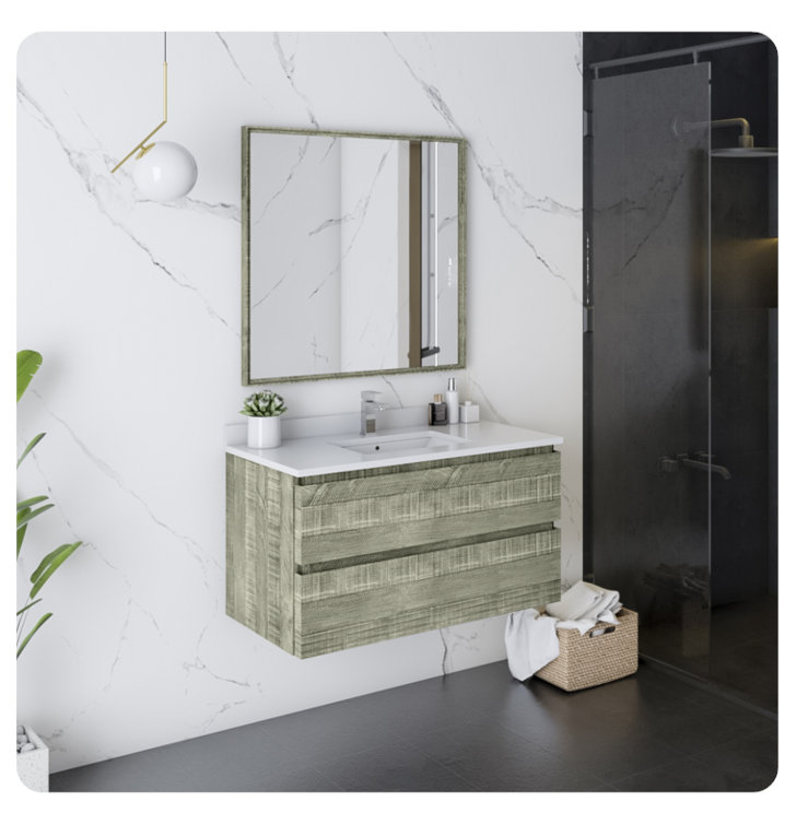 Fresca Formosa 36" Wall Mount Floating Single Sink Open Bottom Bathroom Vanity Set with Top, Sink and Mirror - Faucet Not Included