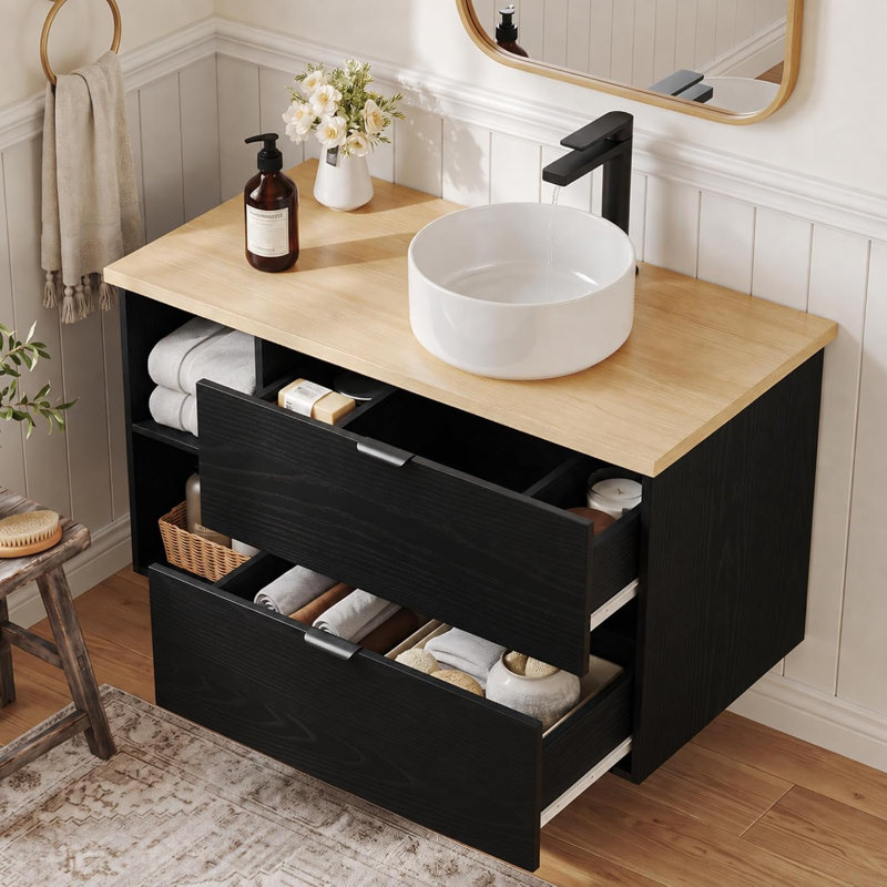 Meuble-lavabo suspendu de 79 cm avec lavabo, meuble-lavabo simple mural avec 2 tiroirs et tablettes ouvertes, Black