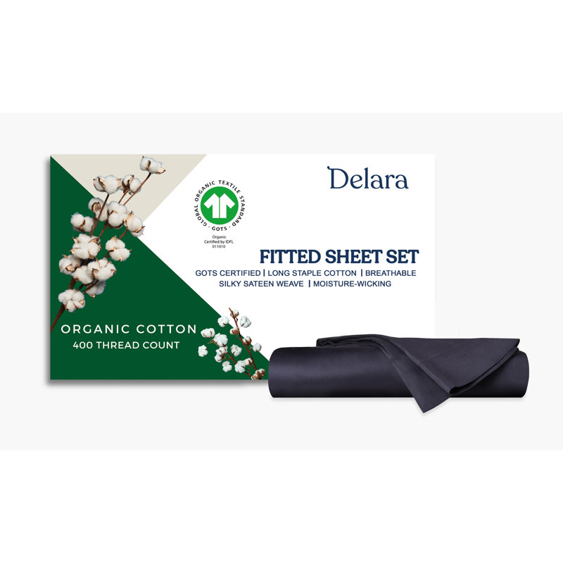 Delara GOTS Certified 100% Organic Cotton Sateen Fitted Sheet Set, 400TC Long Staple, Soft & Breathable with Deep Pocket