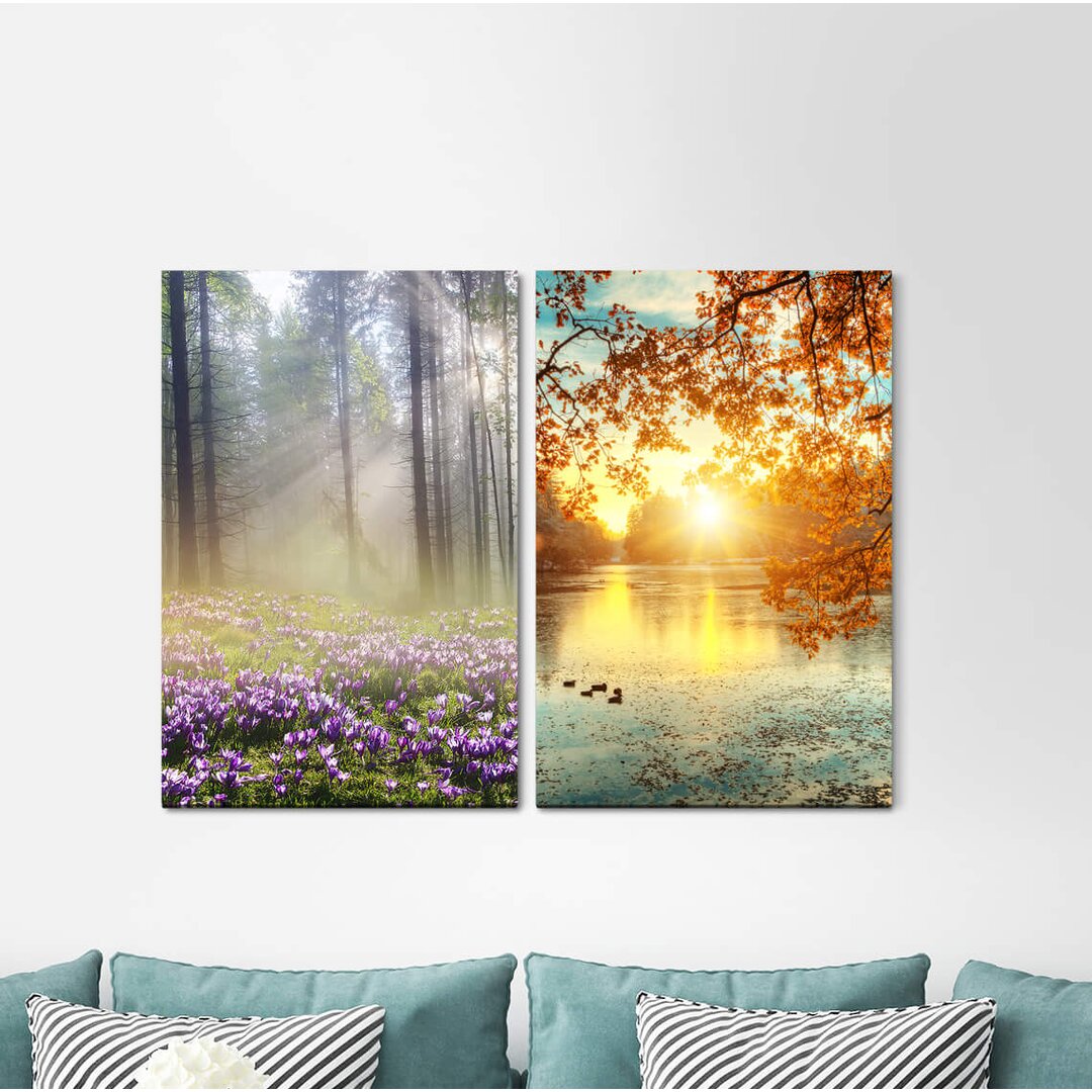 2-tlg. Leinwandbilder-Set - Fotografie „Forest Forest Flowers Lake Ducks Warm Light Nature Relaxing”