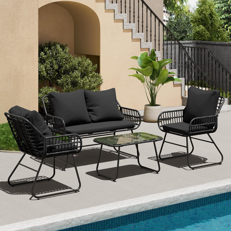 4-Piece Outdoor Rattan Patio Furniture Set With Cushions & Tempered Glass Table, All-Weather Wicker Conversation Set For Garden, Poolside, Porch-Black