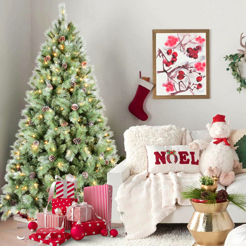 Arbre de Noël avec lumières DEL blanc chaud - pointes en PVC et aiguilles dures, pommes de pin, conception à branches articulées, support en métal robuste - arbre de Noël réaliste
