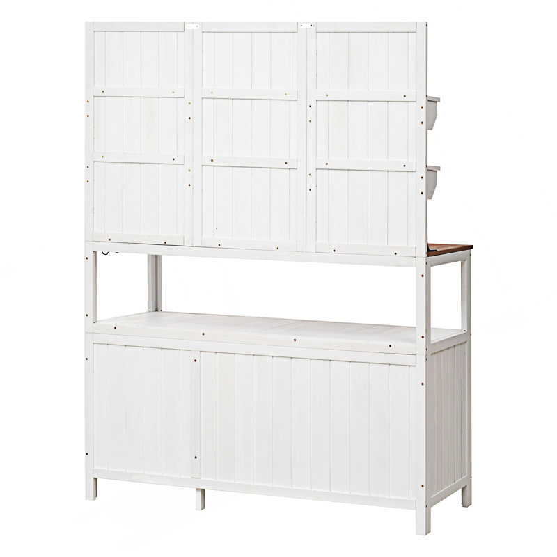 Banc de rempotage avec huche, poste de travail de jardin avec 2 tablettes, armoire de jardin, armoire d'appoint