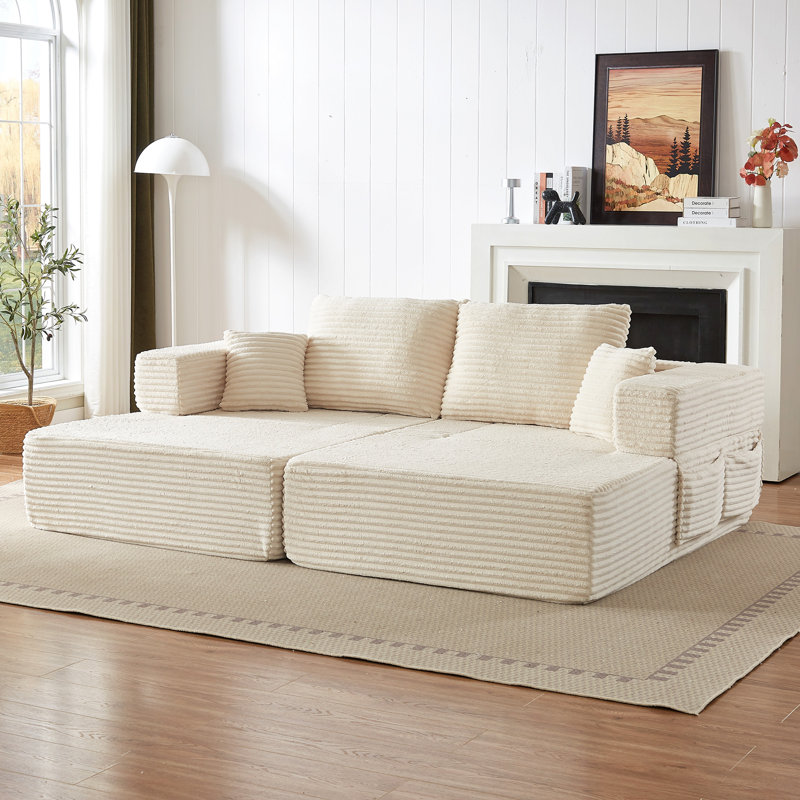 Canapé d'angle modulaire en forme de L, convertible 2 en 1, 2 places en mousse, accoudoirs amovibles avec poches de rangement, 2 coussins de dossier et 2 coussins décoratifs pour salon