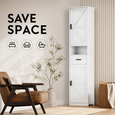 Armoire de salle de bain de 69 po de hauteur avec 2 portes de grange et un tiroir, unité de plancher étroite blanche avec tablettes réglables pour le salon, le vestibule et la cuisine