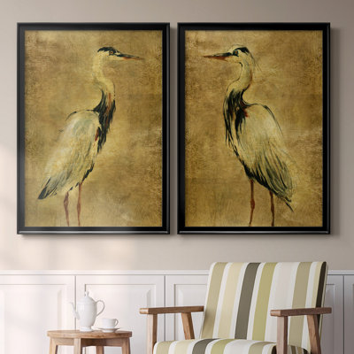 " Gold Crane At Dusk I " 2 - Pieces Painting Print