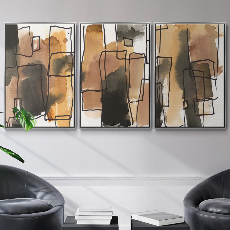 Ensemble de 3 pièces encadrées sur toile Retro Vibe I, Argent, H 27 po x l 54 po