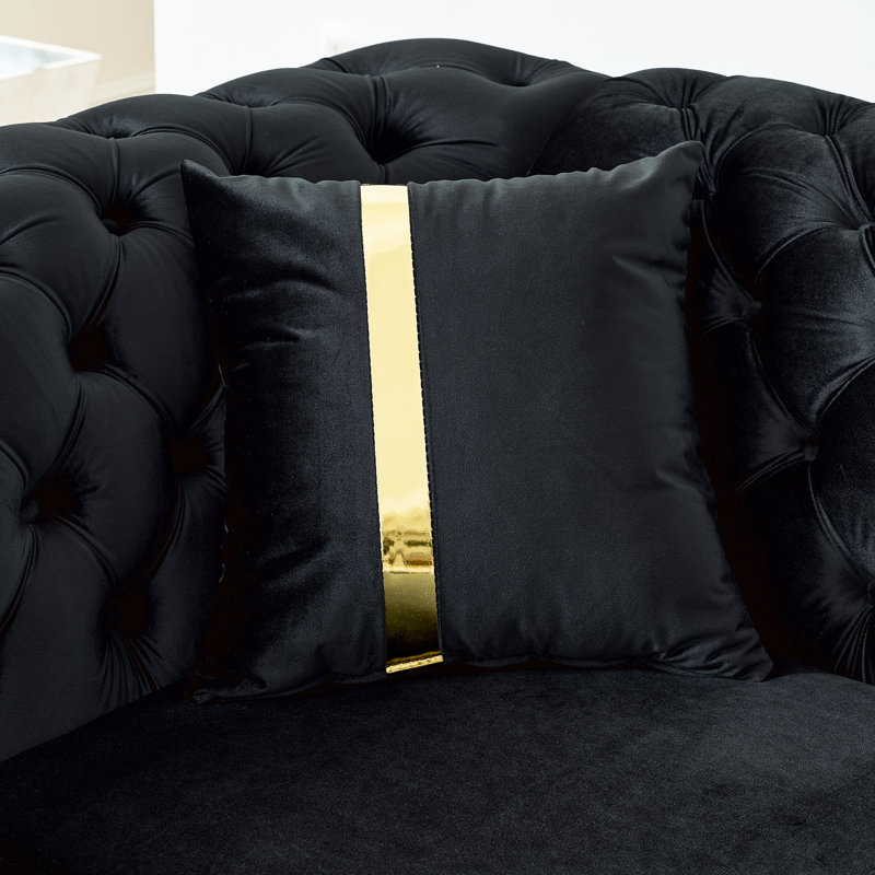 Canapé modulaire noir en forme de L de 106 pouces, garniture dorée, revêtement en velours, bouton, 5 sièges, coussins en éponge haute densité, accoudoirs roulés, design contemporain en noir, accents en acier inoxydable, coussins,
