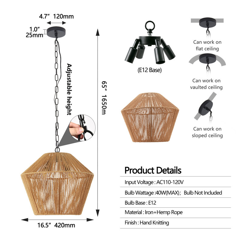 Suspension bohème en corde de chanvre de 43 cm (17 po), luminaire suspendu artisanal de style campagnard avec hauteur réglable, finition naturelle pour îlot de cuisine ou salle à manger (ampoule non incluse)