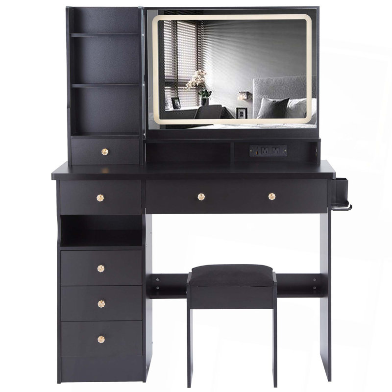 41" Large Size Left Bedside Cabinet Vanity Table+Cushioned Stool Dresser Set,2 AC+2 USB Power Station,Hair Dryer Stand, Extra Large Touch Control LED Mirror,3-color Switch