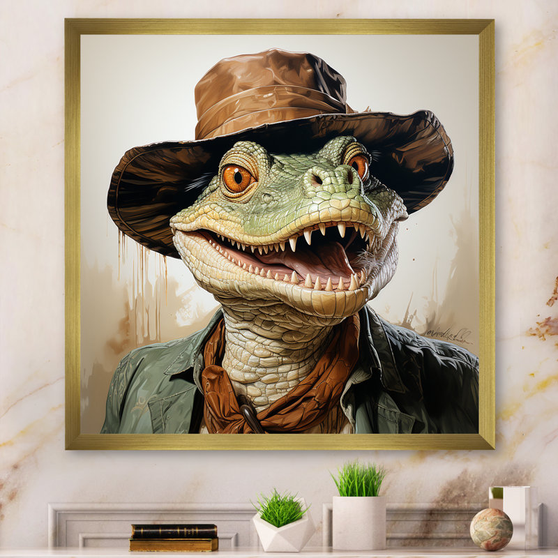 «Alligatorin suit campagne III», art mural crocodile, Cadre flottant noir, H 16 po x l 16 po x P 1 po