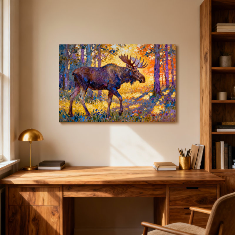 «Christmas Moose In Autumn Forest», peinture de paysage, H 20 po x l 30 po