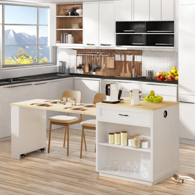 Kitchen Island With Extendable Dining Table, Power Outlet, 2 Drawers, 2 Side Open Shelves And Double-Sized Storage Design