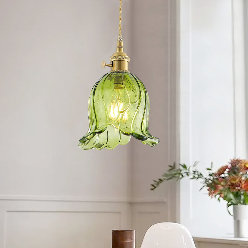 1-Light E26 Base Polished Brass Metal and Glass Dome Flower Pendant Light, Adjustable Height, Dimmable, ETL Listed