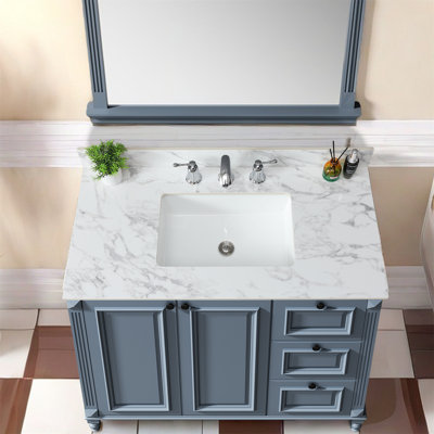 43"X22"Bathroom Vanity Top,Sintered Stone Carra White Barthroom Vanity Sink Tops With Rectangular Undermount Ceramic Sink With Vanity Backsplash, Three Faucet Hole Bathroom Vanity Countertop