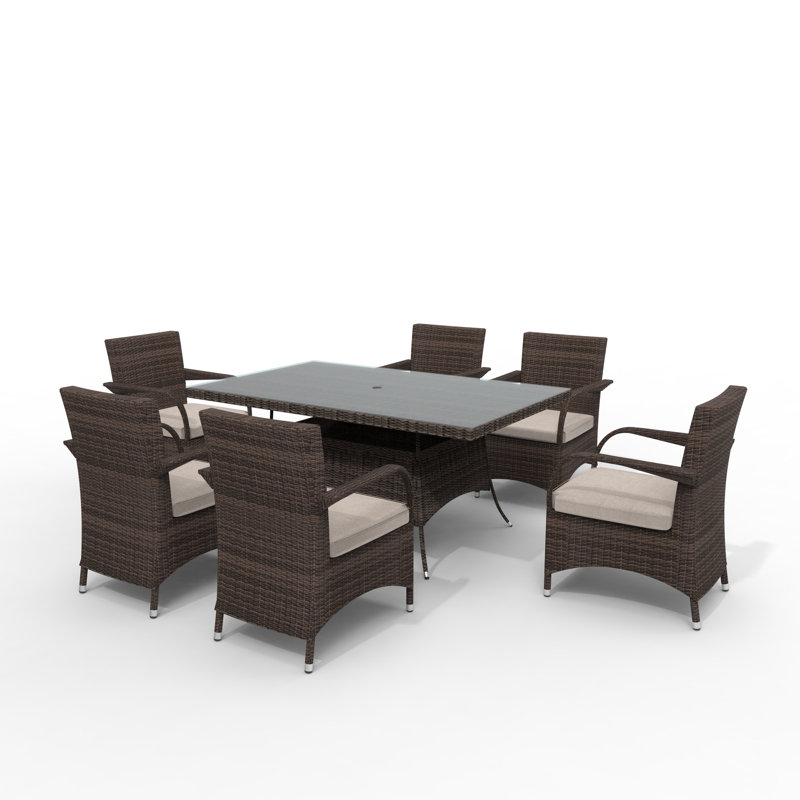 6 - Person Wicker Patio Dining Set with Rectangular Table , Cushions Included, Brown