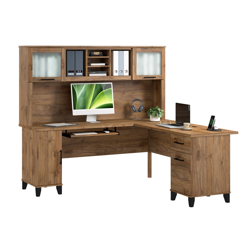 Paelynn 72” L-Shaped Desk with Hutch and Storage, Corner Computer Office Desk, Modern Wood, Fresh Walnut, Fresh Walnut