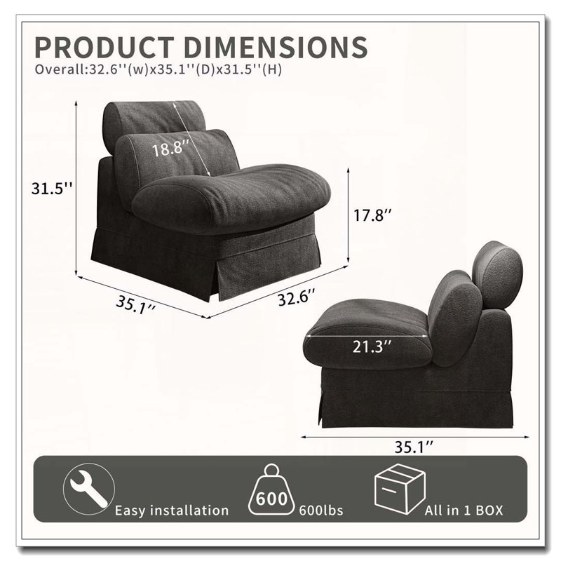 Chaise d'appoint minimaliste avec revêtement en chenille douce et structure en bois massif, Chenille gris