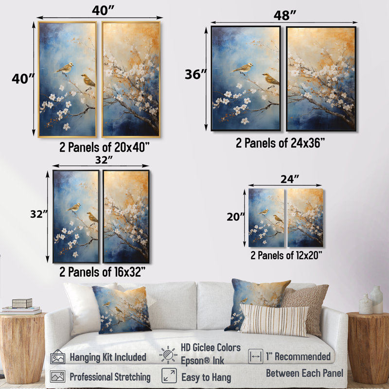 Or doré et bleu sur un arbre floral - art mural moderne, H 36 po x l 48 po, Impression encadrée flottante, Noir