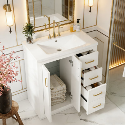 30" Freestanding Bathroom Vanity Set: Ceramic Sink Combo & Solid Wood Storage Cabinet With 3 Drawers And Soft-close Doors