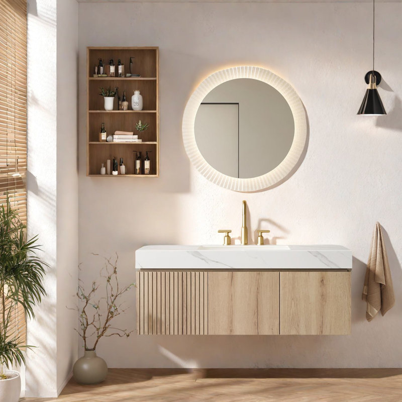 Meuble-lavabo de luxe avec lavabo en céramique, armoire en contreplaqué durable, conception moderne en chêne blanc