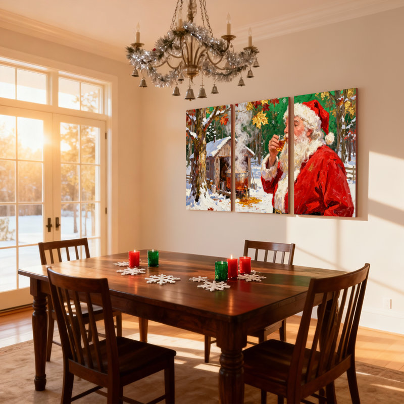 Ensemble de 3 impressions sur toile de Noël père Noël sirotant un thé dans la forêt hivernale, H 24 po x l 48 po