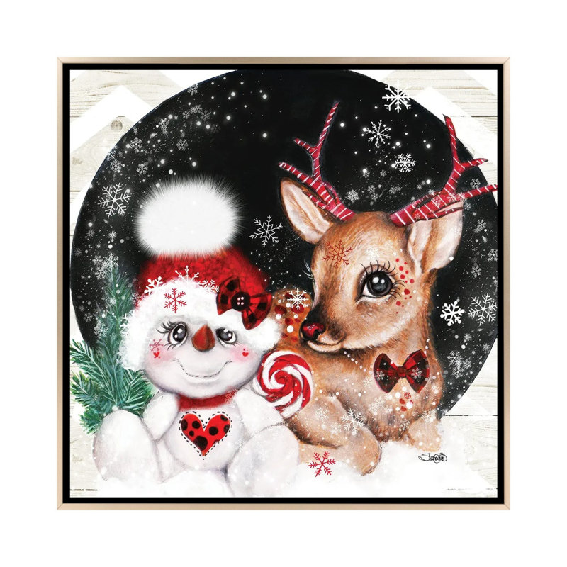 «Christmas Reindeer & Snowman Friend», reproduction d'art sur toile encadrée, H 18 po x l 18 po, Champagne