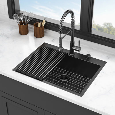 Stainless Steel Drop In Sink 28X22 - Gunmetal Black 16 Gauge Single Bowl Easy To Clean And Maintain No Kitchen Deep Prevents Grease Grime Wipe