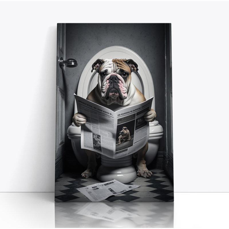 Bulldog Sat On Toilet Reading Newspaper - Wrapped Canvas Print