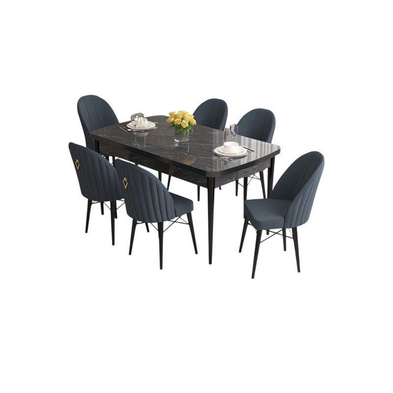 Ensemble de table et chaises de salle à manger extensible Modern (7 pièces), marbre noir et anthracite | 100% panneau de fibres à densité moyenne avec pieds en bois, structure de chaise en métal | Table: 51,2 po x 30,7 po x 31,5 po, chaises: 17,3 po x 37,8 po x 16,5 po | Siège confortable en mousse, design élégant et fonctionnel
