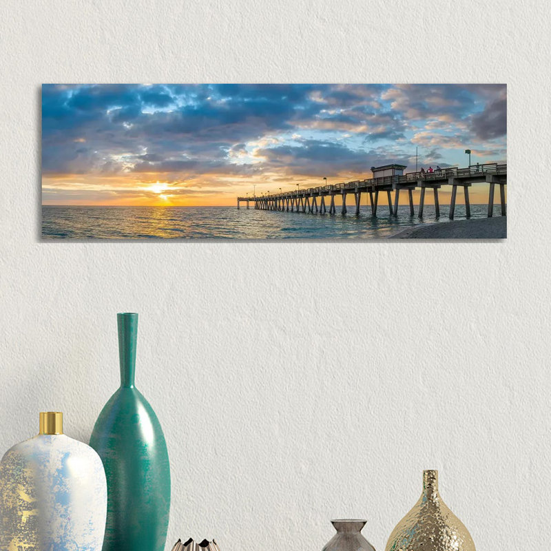 Pier In Atlantic Ocean At Sunset, Venice, Sarasota County, Florida, USA - Panoramic Print on Canvas, No Framed