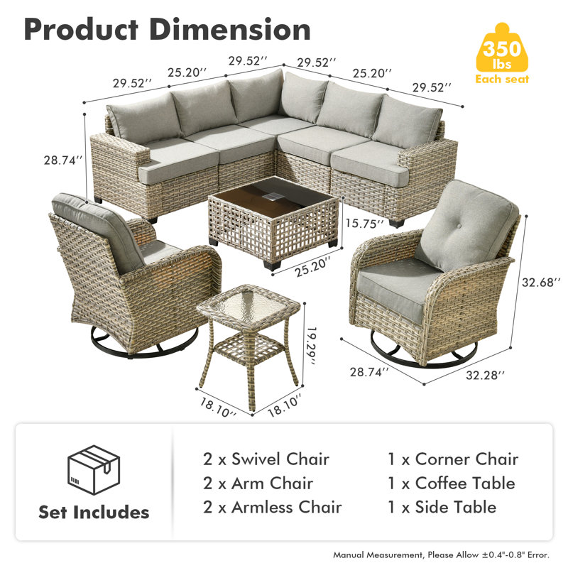 Ensemble de conversation modulaire en rotin avec coussins Wahkon pour 7 personnes avec table basse éclairée et chaises pivotantes