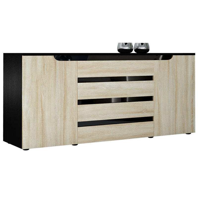 Autumn-Grace 166cm Sideboard, Black (matt)/Oak/Black (glossy)