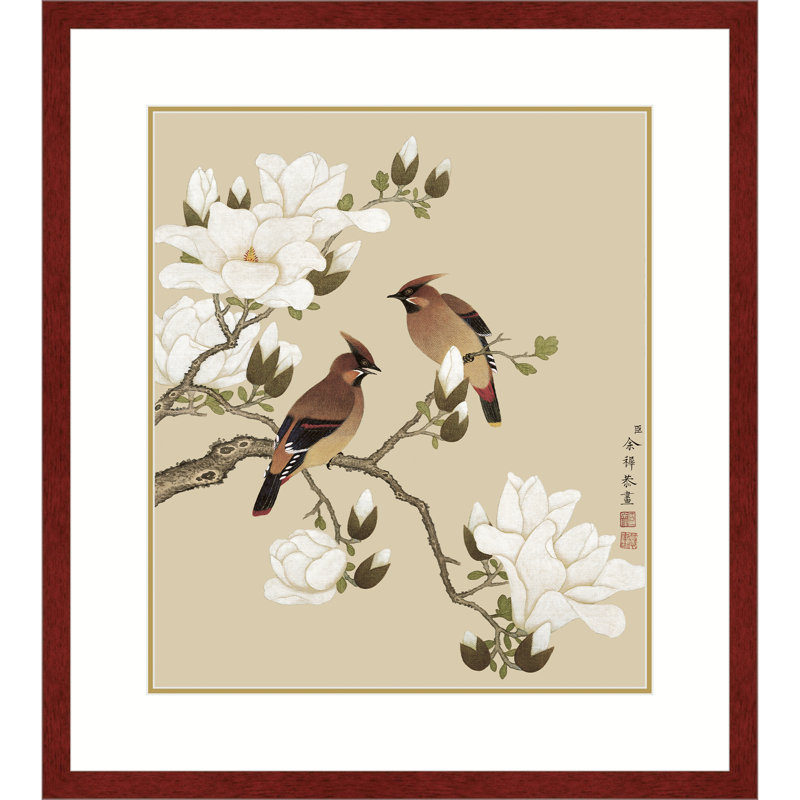 Magnolia and Rosefinches by Yu Zhi - Single Picture Frame Print, Cherry, 21.5" H x 17.5" W x 0.94" D