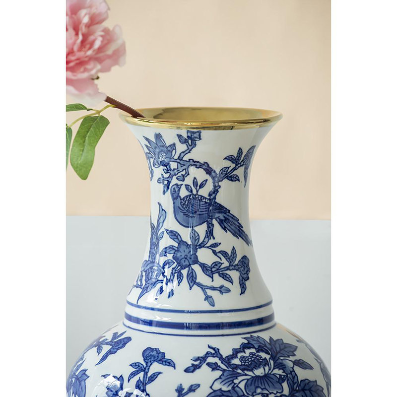 D9,5 x 16 po Vase à fleurs chinois et blanc avec accents dorés