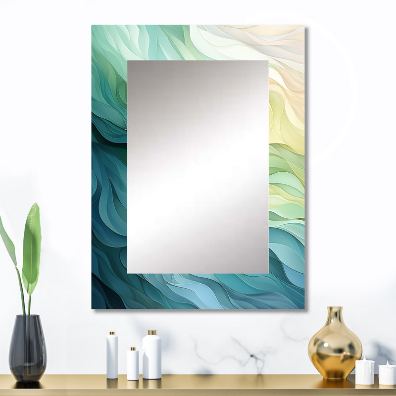 Gree and white Sway wave Serenity I - Geometric Mirror, Green Decorative Wall Mirror, Printed Metal Art, 32" x 24"
