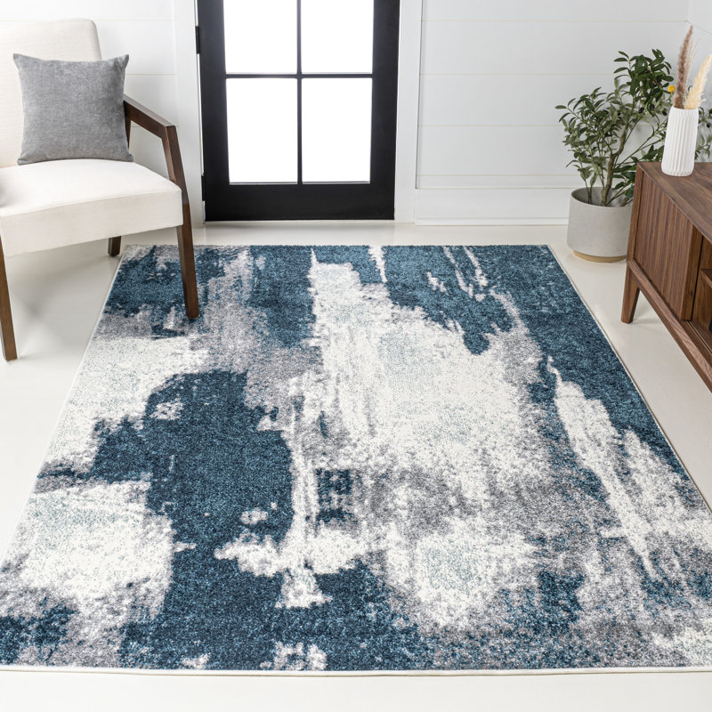 Tapis bleu marine / blanc Marusya, Rectangle 7 pi 9 po x 10 pi