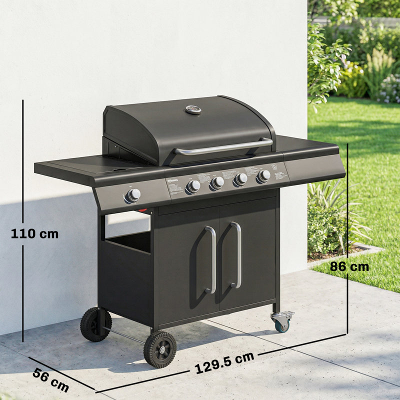 Outsunny 4+1 Burner Gas BBQ Grill with Storage Cabinet, 15.2 kW, Black