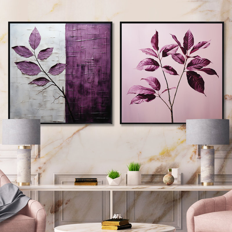 Mauve feuilles de prune - ensemble de 2 feuilles de collage carré, Cadre flottant noir, H 16 po x l 33 po