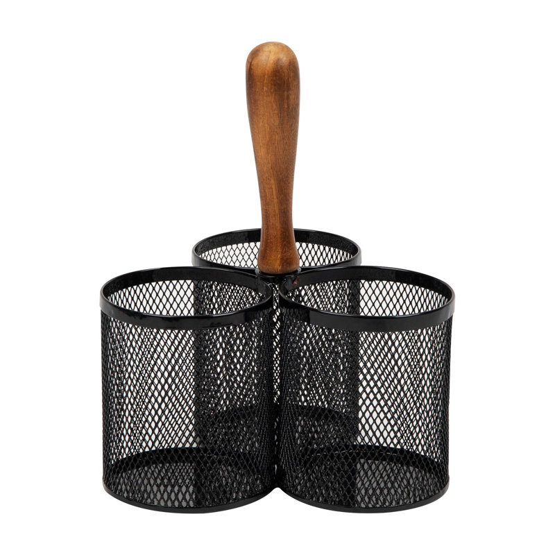 Porte-ustensiles en filet à 3 compartiments avec poignée en bois Mind Reader, rangement de comptoir polyvalent, filet métallique, noir