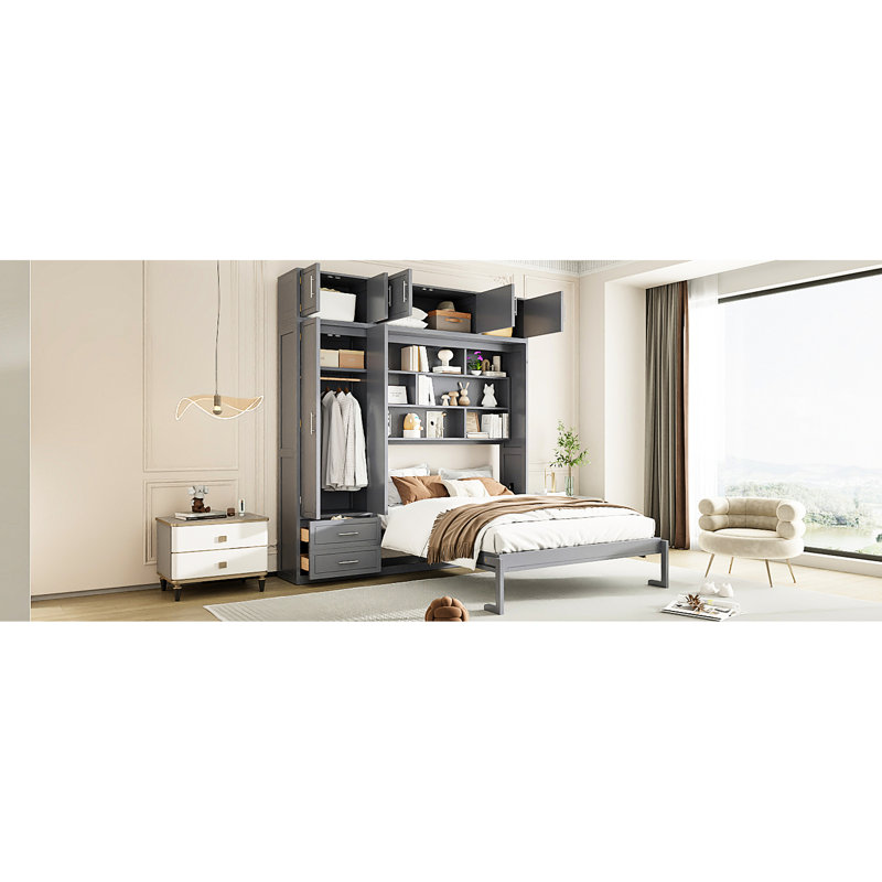 Lit escamotable grand format mural gris avec tablettes, tiroirs et garde-robe pour petits espaces suspendus
