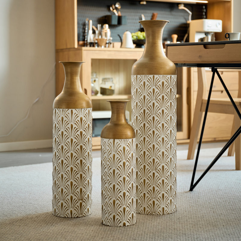 Set of 3 White & Gold Decorative Metal Floor Vases with Fan Pattern - Tall Flower Vases for Elegant Living Room Decor (32.68, 25.98, 19.69 Inch)
