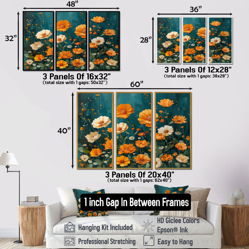 «Yellow Yellow Summer Meadow Marigolds I», ensemble de reproductions d'art mural, Toile argentée avec cadre flottant